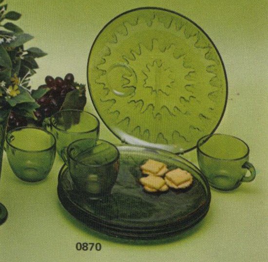 Sunburst Snack Set in Olive Green - 1978 Indiana Glass Catalog