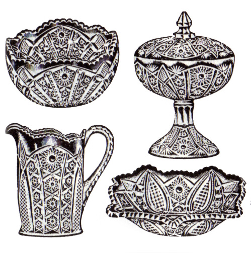 Center Bowl, Covered Compote, Pitcher and Square Cracker Dish as they appear in a 1911 Butler Brothers Wholsale Catalog Ad